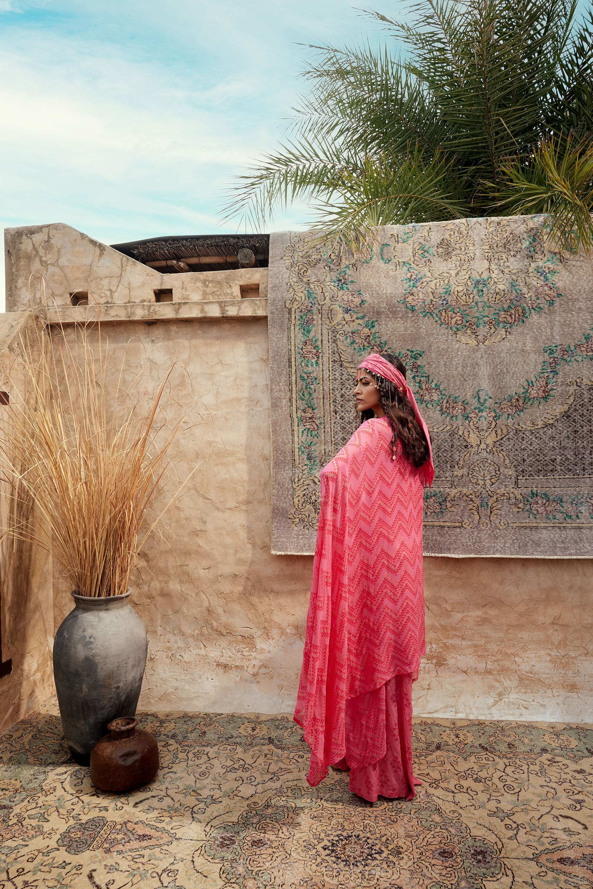 Pink Chevron Embroidered Palazzo Set, Pink, image 2